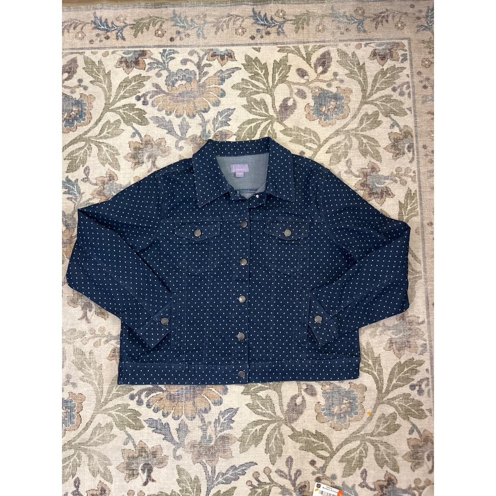 Laura Scott Denim Jacket Women 14 Blue Excellent Polka Dot Button Front Coat